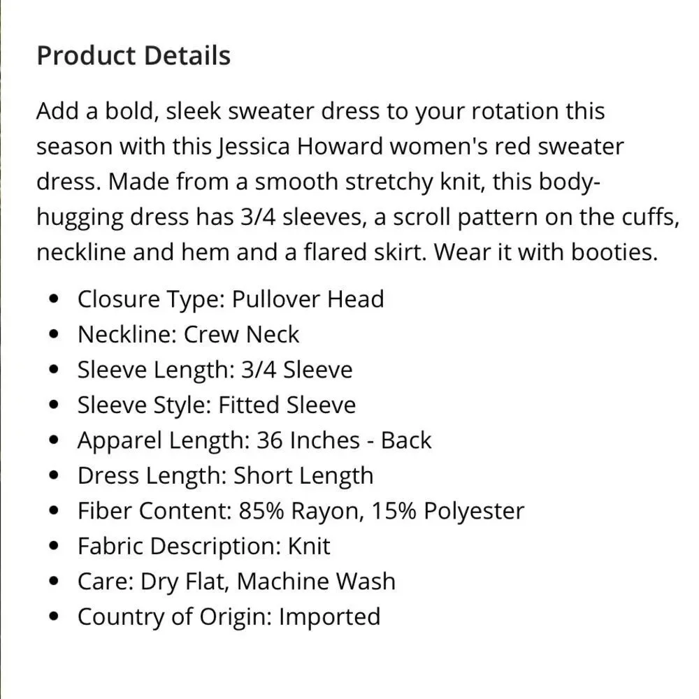 NWT SZ S Jessica Howard 3/4 Sleeve Red w/Black Scroll Sweater Dress - Picture 6 of 11